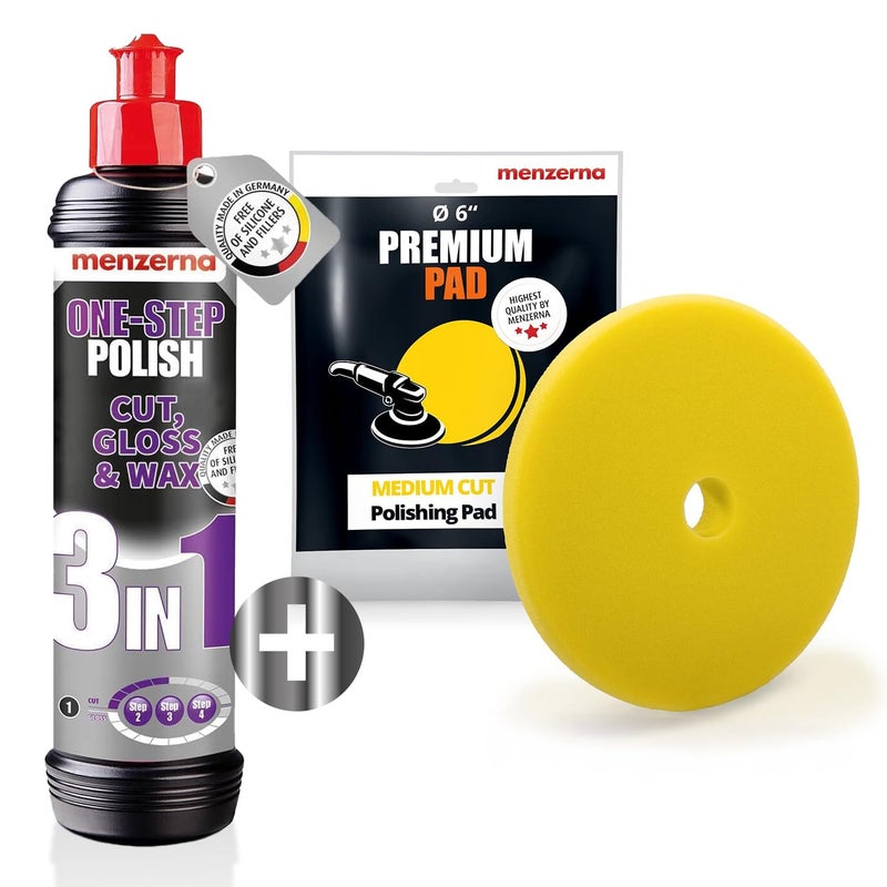 menzerna All-in-One polishing Kit I Car polishing Set with One-Step Polish 3in1 (16oz) and 6 Inch Polishing Pad I Moderate Scratch Remover, high Gloss and Wax Kit for All Types of Vehicles - Image 1